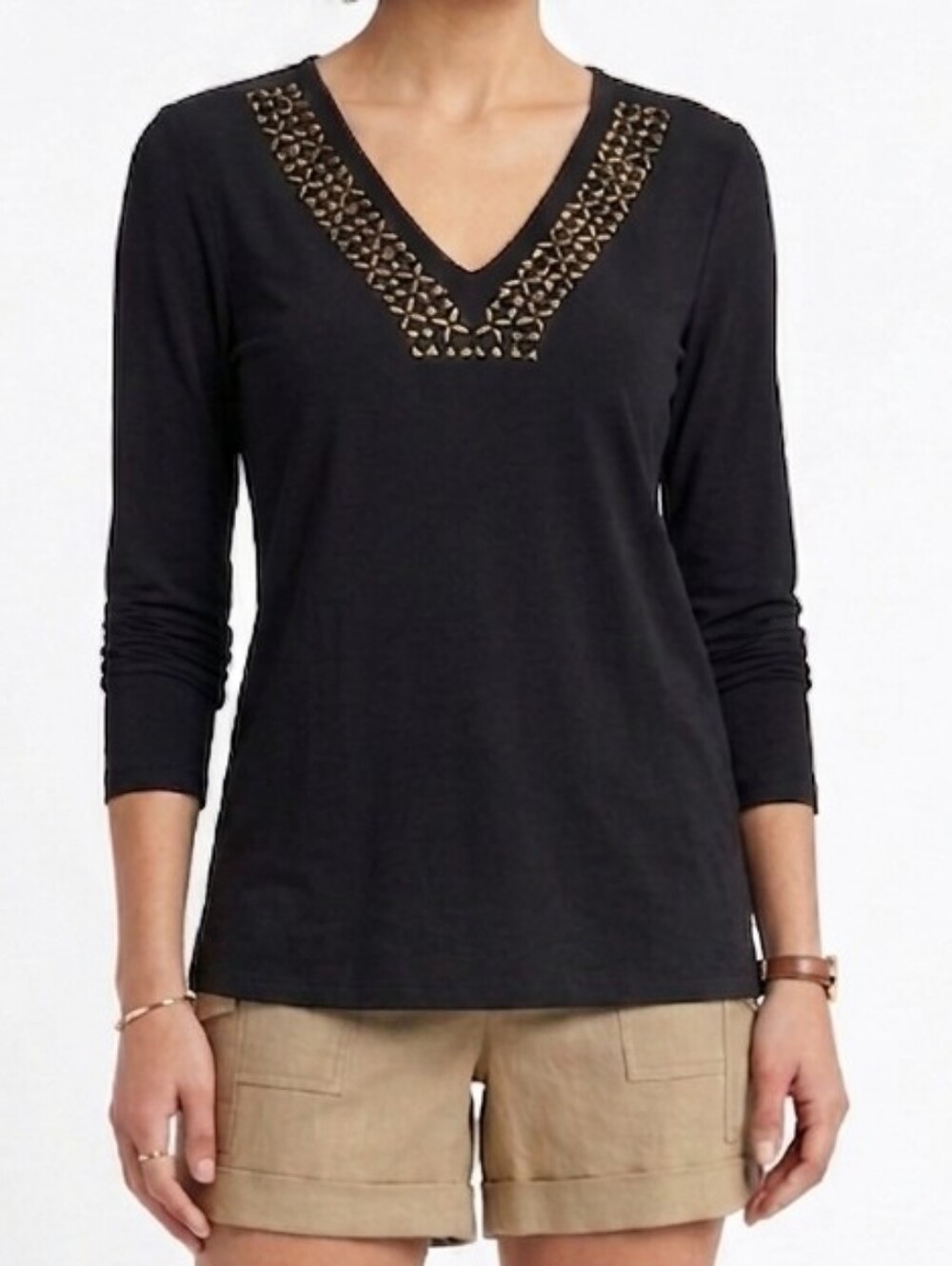 Carmen Black Top with Gold Studded V-Neck Medium